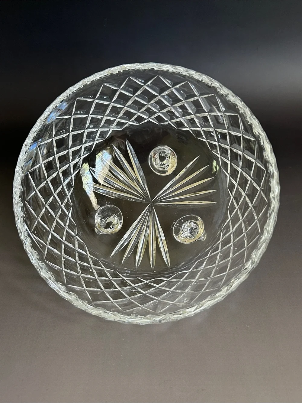 Vintage Kusak Hand Cut Crystal Three-Footed Bowl with Diamond Cut Pattern